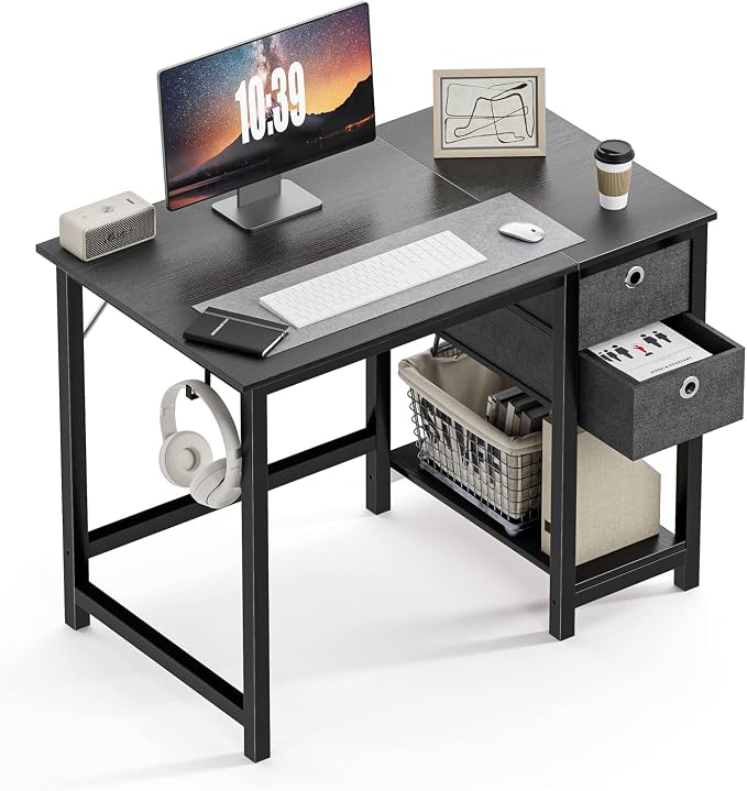 Sweetcrispy 40 Inches Computer Desk with Drawers Home Office Writing Table X-Shaped Reinforcement Modern Work Surface Side Hook Sturdy Metal Frame Large Space Storage Organization Black