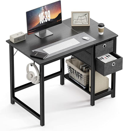 Sweetcrispy 40 Inches Computer Desk with Drawers Home Office Writing Table X-Shaped Reinforcement Modern Work Surface Side Hook Sturdy Metal Frame Large Space Storage Organization Black