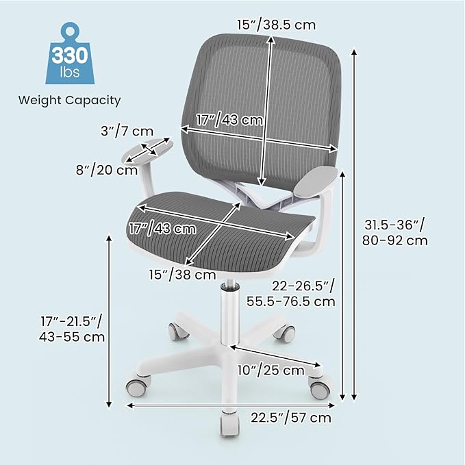 Costzon Kids Desk Chair, Height Adjustable Children Study Computer Chair with Armrests, Sit-Brake Casters, Swivel Mesh Task Chair for Boys Girls Teens Students, Kids Chair for Home, Office (Gray)