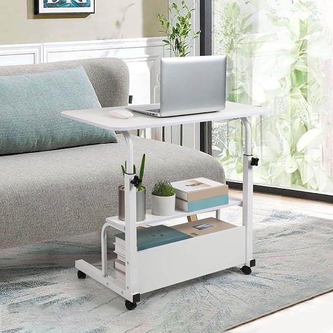 Adjustable Height Mobile Computer Desk for Small Space Rolling Writing with Wheels Corner Home Office Study Portable Bedrooms Work Desk Standing Table Sizes 31.5X15.7 Inches White