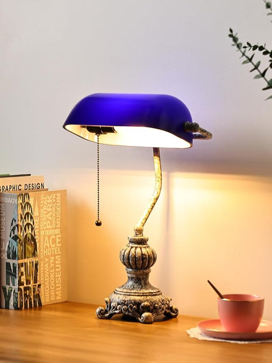 Retro Blue Glass Bankers Desk Lamp,LED Bulb Included | Home Office Library with Pull Chain Switch Plug in Fixture