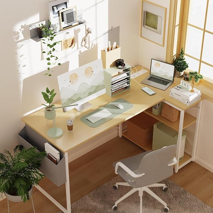 TIQLAB L Shaped Computer Desk with Power Outlets, 55 Inch Small Corner Desk with Reversible Shelves, Gaming Desk Computer Table Study Writing Desk for Home Office Small Space, Beige