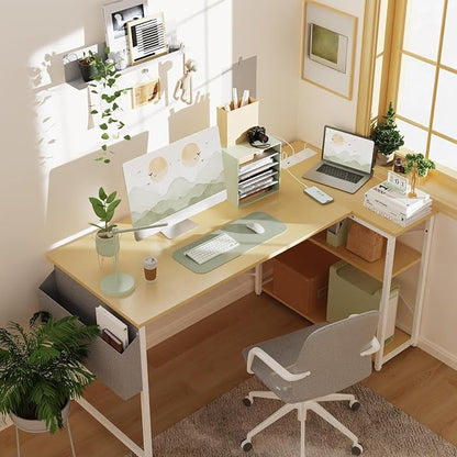 TIQLAB L Shaped Computer Desk with Power Outlets, 55 Inch Small Corner Desk with Reversible Shelves, Gaming Desk Computer Table Study Writing Desk for Home Office Small Space, Beige