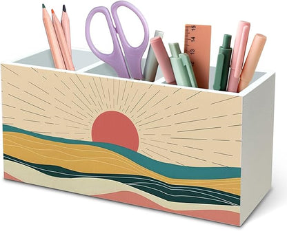 DILSJ Boho Abstract Sunshine Pen Pencil Holder Organizer for Desk, Boho Office Decor, Mid Century Modern Minimalist Sunshine Landscape Wooden Box Signs for Home Office Desk Tabletop Decoration