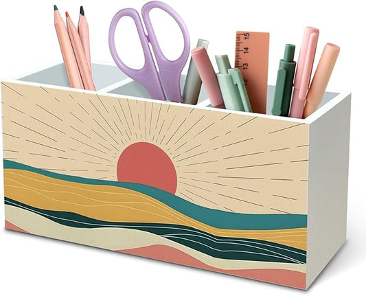 DILSJ Boho Abstract Sunshine Pen Pencil Holder Organizer for Desk, Boho Office Decor, Mid Century Modern Minimalist Sunshine Landscape Wooden Box Signs for Home Office Desk Tabletop Decoration