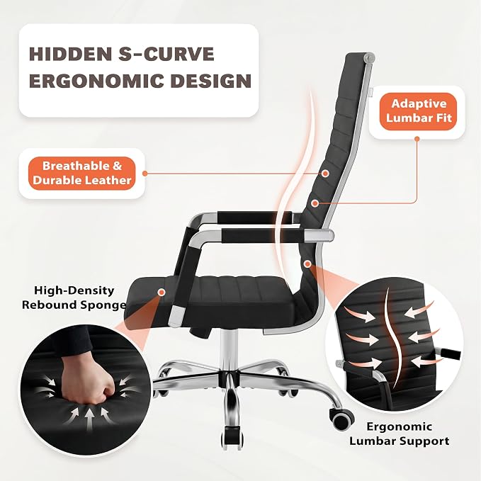 Furmax Ribbed Office Chair High Back PU Leather Executive Conference Chair Adjustable Swivel Chair with Arms, Black