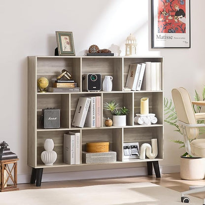 LEYAOYAO 10 Cube Bookshelf,3 Tier Modern Wide Bookcase with Legs,Mid-Century Wood Bookshelves Storage,Retro Grey Large Book Case,Freestanding Organizer Display Shelf for Bedroom,Living Room,Office