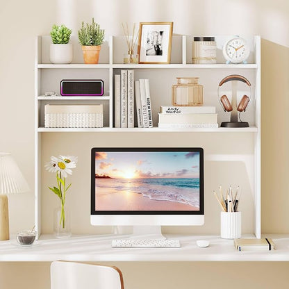 Tangkula Desktop Bookshelf for Computer Up to 32”, 37” Countertop Storage Hutch with 6 Storage Shelves, 3-Tier Desktop Organizer Display Rack, Wooden Desk Hutch for Dorm Home Office (White)