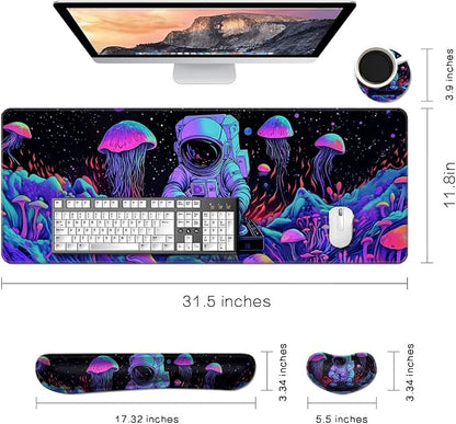 Desk Mat, Large Gaming Mouse Pad with Wrist Rest, 4 in1 XXL Mouse pad+Keyboard Wrist Rest+Mouse Pad Wrist Support+Cup Coaster Set, Ergonomic Desk Pad for Home Office,Spaceman