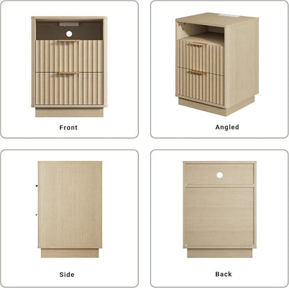 Fluted Nightstand, Night Stand Set 2, Modern Nightstands Set of 2 with Charging Station, 2 Drawer End Table w/Storage, Bedside Table for Bedroom Sofa Home Office, Curved Corners,Natural Oak