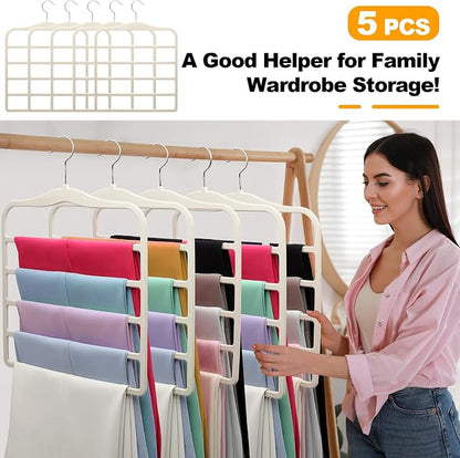 Closet Organizers and Storage,5 Pack Velvet Pants-Hangers-Space-Saving,Non Silp 5 Tier Organization-and-Storage Clothes-Hanger for College-Dorm-Room-Essentials,Closet-Organizer for Jeans Scarf Hanger