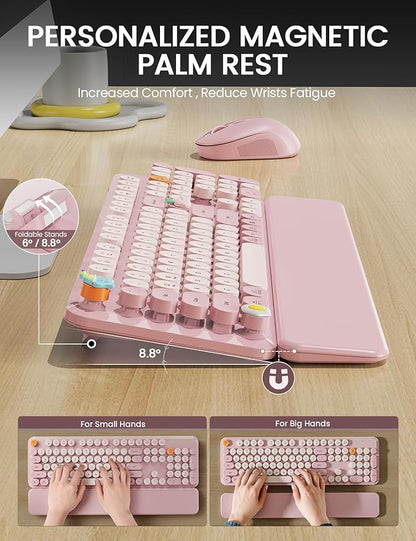 Wireless Keyboard and Mouse Combo, Typewriter Keyboard with Detachable Wrist Rest, Full-Size Retro Round Keycaps, Smart-Sleep, 2.4GHz Stable Connection for Mac/Windows/PC, Trueque(Dusty Rose)