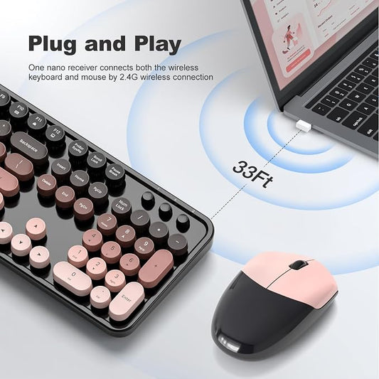 MOFII Wireless Keyboard and Mouse Combo, 2.4GHz Retro Typewriter Keyboard Full Size, Cute Wireless Mice, USB Dongle Plug and Play, for Laptop, PC, Desktop, Windows (BlackBerry Gradient Color)