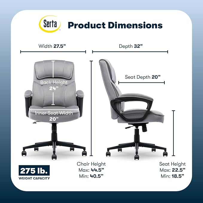 Serta Comfort Classic Executive Office Chair, Ergonomic Mid-Back Computer DeskChair with Lumbar Support, Semi-Plush Cushion and Body Pillows, Padded Armrests, Swivel Base, Gray Velvet Fabric