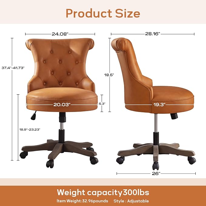 HUIMO Home Office Chair Upholstered Faux Leather PU Armless Desk Chair with Wheels Adjustable Height Computer Desk Chair with Wooden Legs Comfy Swivel Chair for Study Studio (Caramel Brown)