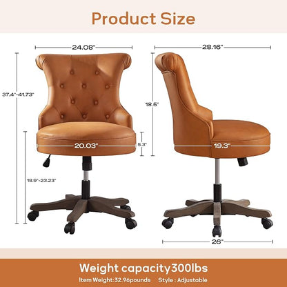 HUIMO Home Office Chair Upholstered Faux Leather PU Armless Desk Chair with Wheels Adjustable Height Computer Desk Chair with Wooden Legs Comfy Swivel Chair for Study Studio (Caramel Brown)