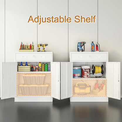 Wanfu Metal Storage Cabinet, Locking Cabinet with 1 Drawer and Adjustable Shelf, 36" H x 28" W x 16" D Steel Storage Cabinet for Office, Garage, Home-White