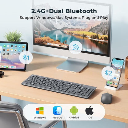 MEETION Wireless Keyboard and Mouse, Silent Bluetooth Keyboard Mouse Set, 2.4G/Bluetooth Full-Sized Computer Keyboard, Gray