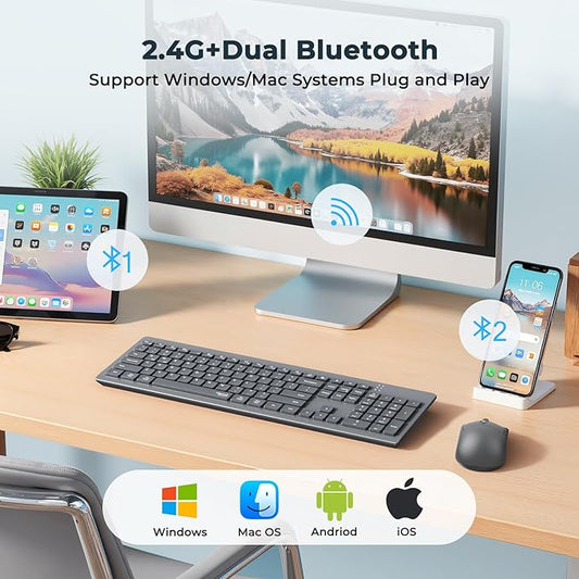 MEETION Wireless Keyboard and Mouse, Silent Bluetooth Keyboard Mouse Set, 2.4G/Bluetooth Full-Sized Computer Keyboard, Gray