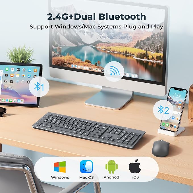 Wireless Keyboard and Mouse, Quiet Bluetooth Keyboard Mouse Set, 2.4G/Bluetooth Full-Sized Computer Keyboard, 3200 DPI Adjustable Mouse, Long-Life Battery, for PC/Laptop/Tablet/Windows/Mac