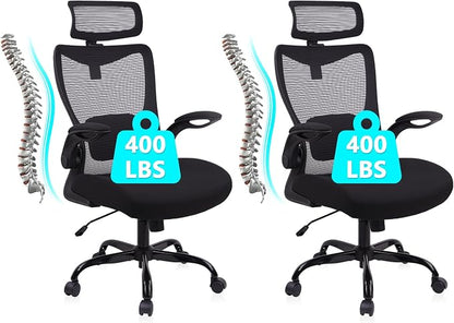 CLATINA Heavy Duty Ergonomic Mesh Office Chair 400LBS, Big and Tall Desk Chair with Adjustable Lumbar Support & Headrest, Flip Up Padded Arms, Swivel Computer Chair for Home, Conference, Black, 2 PACK