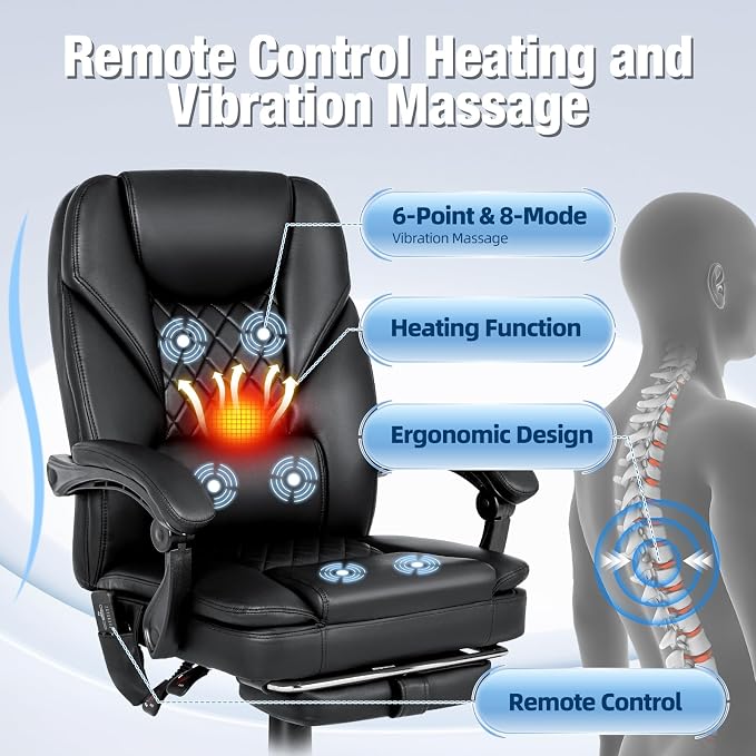 Massage Office Chair with Foot Rest, 6-Point Vibration and Heat Ergonomic Executive Chair, High Back Reclining Leather Desk Chair with 135° Recline, 400 LBS, Cozy
