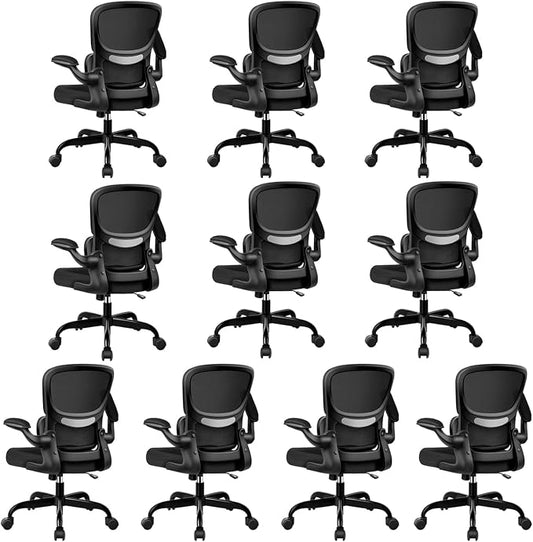 BESTFAIR Ergonomic Mesh Office Chair, Breathable Mesh Computer Desk Chair, Adjustable Lumbar Support, Flip-up Armrests, Executive Swivel Chair for Home Office, Black Pack of 10