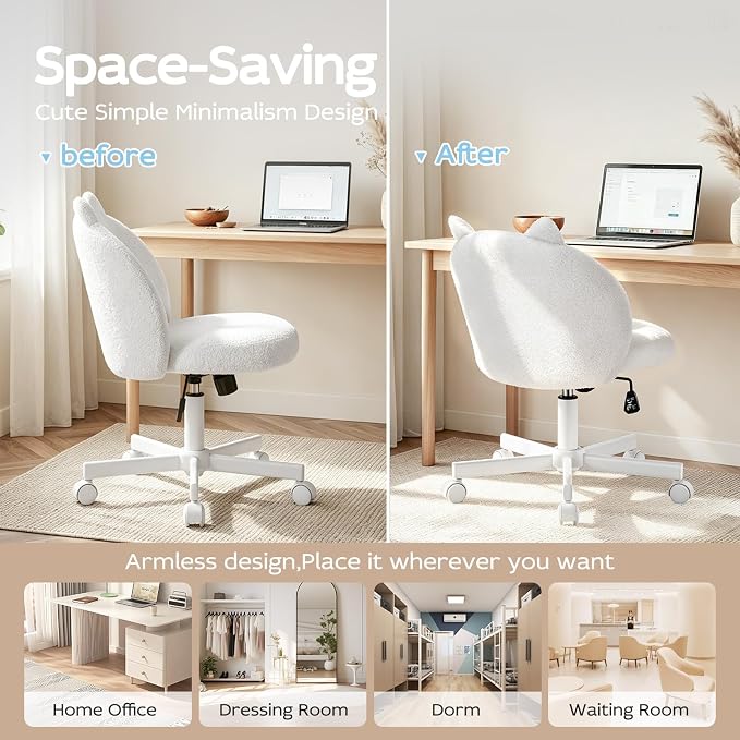 Vanity Chair with Cat Back,Armless Desk Chair Cute Small Office Chair,Teddy Fabric Computer Chair with Adjustable Height,120°Tilting,Rolling,Swivel for Vanity,Kids Room,Office,Bedroom White