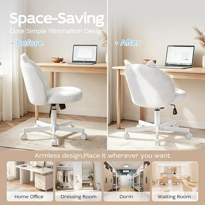Vanity Chair with Cat Back,Armless Desk Chair Cute Small Office Chair,Teddy Fabric Computer Chair with Adjustable Height,120°Tilting,Rolling,Swivel for Vanity,Kids Room,Office,Bedroom White