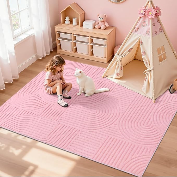 Pauwer Pink Area Rug for Girls Bedroom 4x6 Soft Fluffy Non Slip Machine Washable Rugs Arch Modern Indoor Mat Fuzzy Floor Carpet for Kids Nursery Living Room Dorm Playroom Dining Baby Home Decor