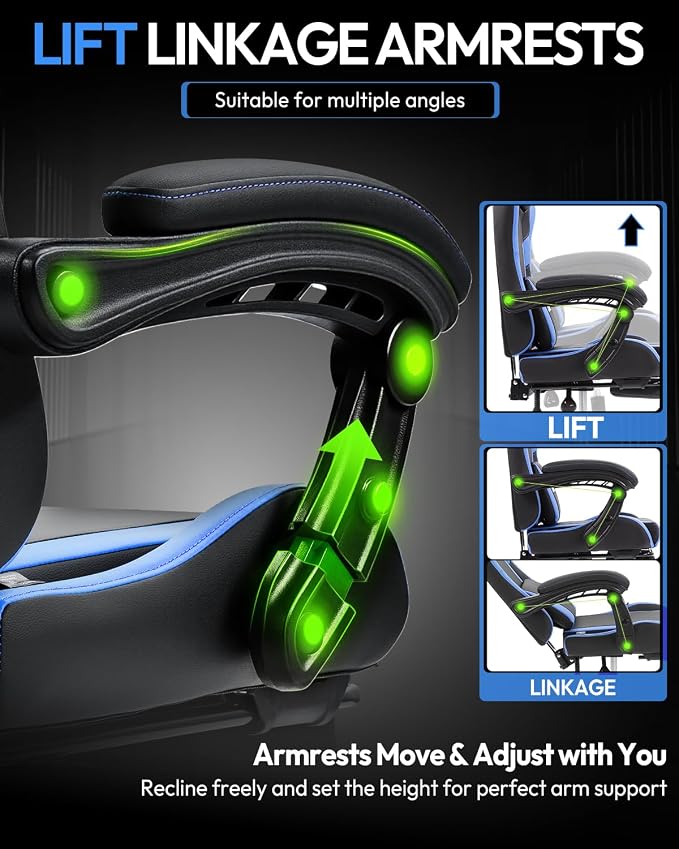 Dowinx Ergonomic Gaming Chair with Footrest & Massage Lumbar, 2D-Linkage Armrests for Computer Chair 330lbs with Headrest Pillow for Office, Home, Streaming and Long Gaming Sessions, Blue