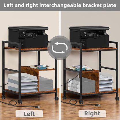 Lerliuo Printer Stand with Charging Station and USB Ports, Large 3-Tier Mobile Printer Table with Storage Shelf, Brown Rolling Industrial Printer Cart with Lockable Wheels for Home Office
