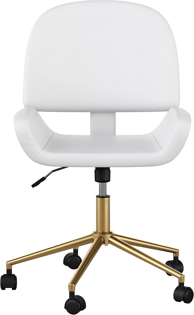 Martha Stewart Tyla Armless Swivel Task Chair for Home Office in White Faux Leather with Polished Brass Frame