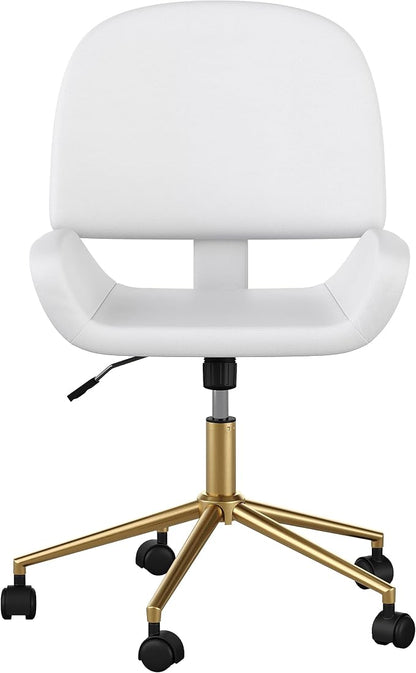 Martha Stewart Tyla Armless Swivel Task Chair for Home Office in White Faux Leather with Polished Brass Frame