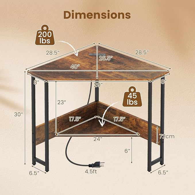 GOFLAME Corner Desk with Power Outlet, Triangle Computer Desk for Small Space, Space-Saving Writing Desk with Storage Shelf and Charging Station, Modern Laptop PC Desk for Home Office, Rustic Brown