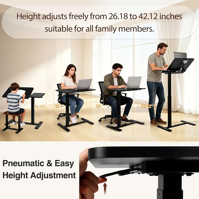 Adjustable Overbed Table with Tilt Board & Wheels, Rolling Bedside Laptop Desk for Hospital Bed Home Office, Height Adjustable Tray for Eating Working Reading, 26.18"-42.12" (Black)