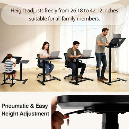 Adjustable Overbed Table with Tilt Board & Wheels, Rolling Bedside Laptop Desk for Hospital Bed Home Office, Height Adjustable Tray for Eating Working Reading, 26.18"-42.12" (Black)
