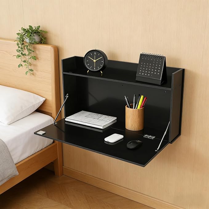 Wall Mounted Desk Cabinet, 31.5" Foldable Floating Desk with Storage, Wall-Mounted Computer Workstation, Space Saving Laptop Table for Home Office Study Room