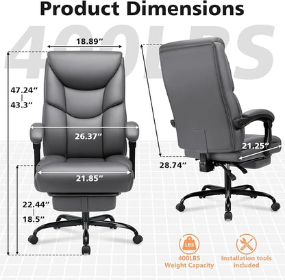 WAILOR 400lbs Office Chair with Foot Rest, Reclining Big and Tall Office Chair with Lumbar Support, High Back PU Leather Computer Chair,Comfy Desk Chair for Home Office (Gray)