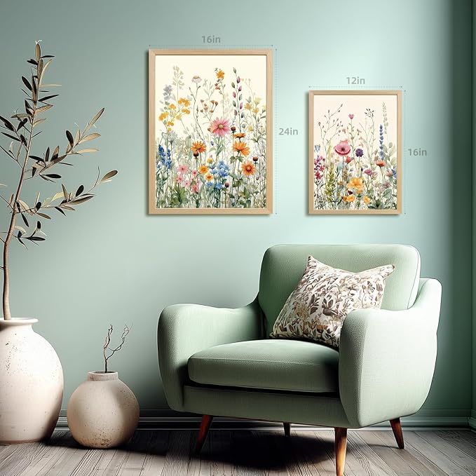 LLEEMPI Watercolor Floral Wall Art Set of 3, Colorful Wildflower Wall Decor, Modern Abstract Botanical Canvas Painting, Rustic Farmhouse Poster Print for Bedroom Bathroom Office Wood Framed 16x24 Inch