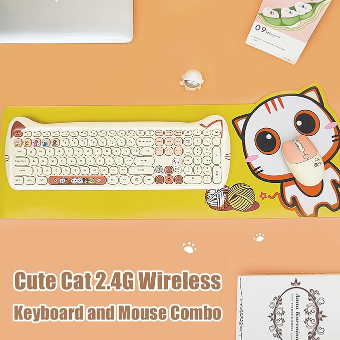 Cute Cat 2.4G USB Wireless Keyboard and Mouse Combo, Silent Keys, Candy Colors, Compatible with Notebook, PC (MilkTea-110Keys)