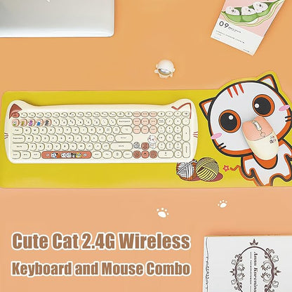 Cute Cat 2.4G USB Wireless Keyboard and Mouse Combo, Silent Keys, Candy Colors, Compatible with Notebook, PC (MilkTea-110Keys)