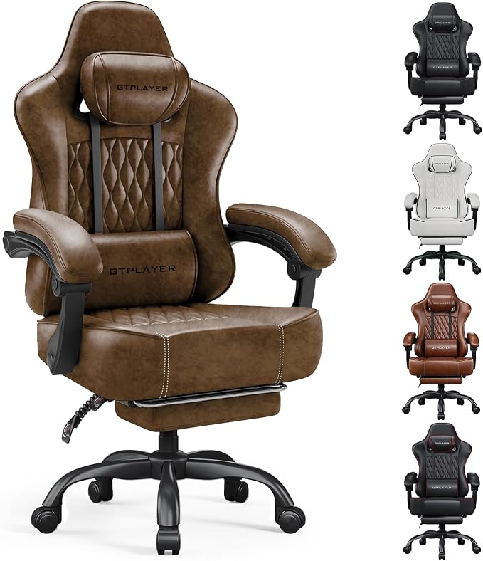 GTPLAYER Big and Tall Gaming Chair with Footrest, Ergonomic Office Desk Chair with 4.4in Thick Cushion and Wide Wingless Seat, Comfortable Leather Computer Chair, Predator Series, Rustic Brown