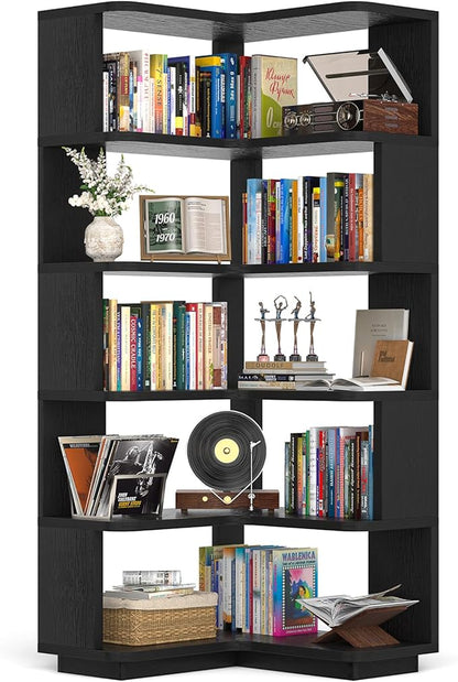 Armocity Corner Book Shelf - 6 Tier Corner Bookshelf Etagere Bookcase with Baffle, Freestanding L Shaped Display Shelf Stand for Home Office, Living Room, Bedroom, Kitchen, Black