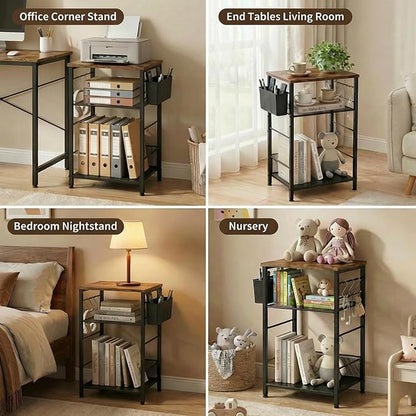 ECOLOVI 3 Tier Printer Stand for Under Desk, Height Adjustable Shelf Small Printer Table with 3 S-Hooks & Basket, Heavy Duty Industrial Storage Shelf for Home Office (Rustic Brown)