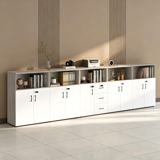 File Cabinet with Password Lock, Wood Lateral Filing Cabinet for Letter/A4 Files, 3 Drawer with Door, Printer Stand with Open Shelves for Home Office