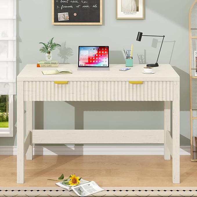 YOMILUVE Fluted Computer Desk with 2 Drawers, 39 Inch Small Computer Desk with Storage, Compact Writing Study Vanity Desk for Small Spaces, White