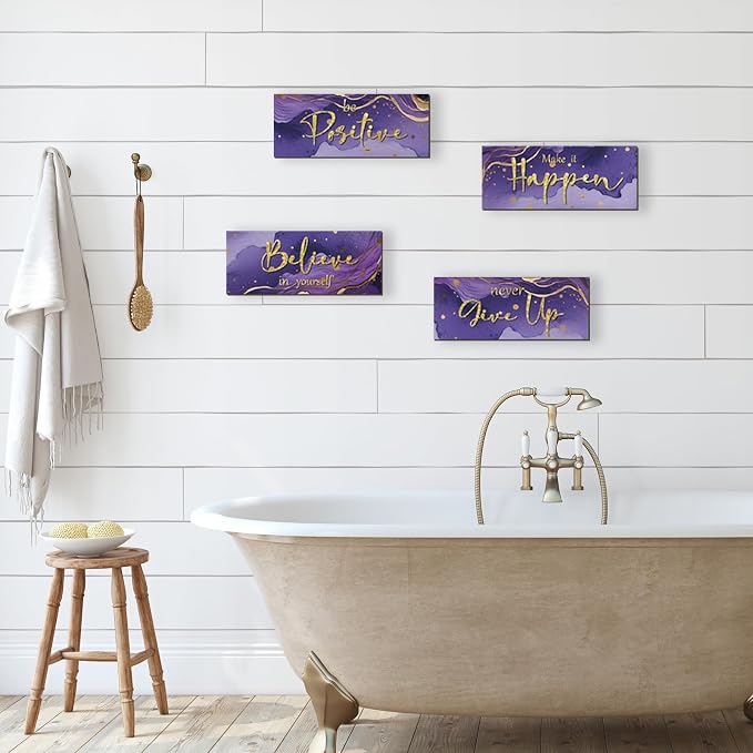 4 Piece Purple and Gold Wall Decor Set Motivational Wall Decor Inspirational Wooden Signs for Bedroom Bathroom Women’s Office Abstract Elegant Art for Home or Office Decoration 10X4 Inches