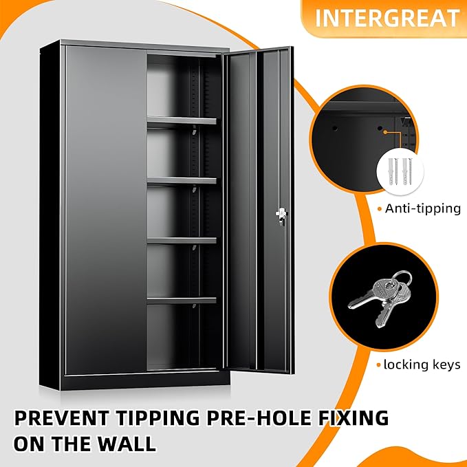 INTERGREAT Storage Cabinet with Doors and Shelves, Metal Garage Storage Cabinets with Lock, Black Lockable Steel Supply Cabinet for Home Office, Warehouse