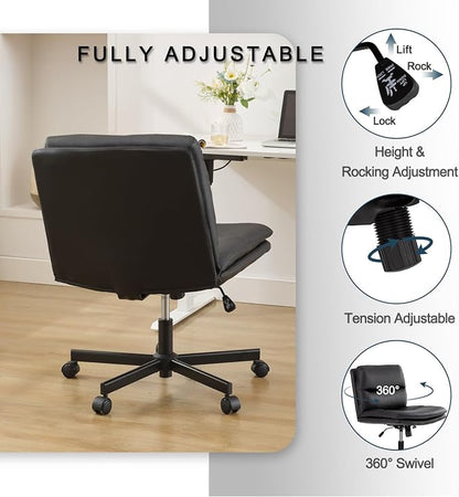 Okeysen Criss Cross Chair with Wheels, Armless Wide Seat Cross Legged Comfy Office Desk Chair, PU Leather Height Adjustable Swivel Computer Task Chairs for Home, Office, Vanity, Black